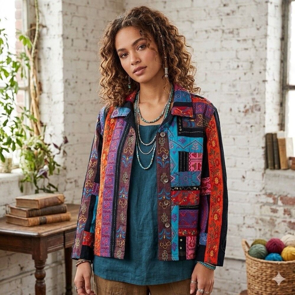 Patchwork Embroidered Jacket Size M Floral Bohemian Festival Hippie